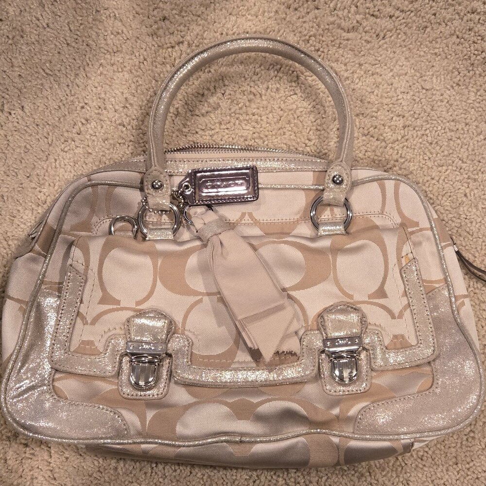 Coach Poppy Signature Sateen Metalic Pushlock Satchel Light Khaki 18356